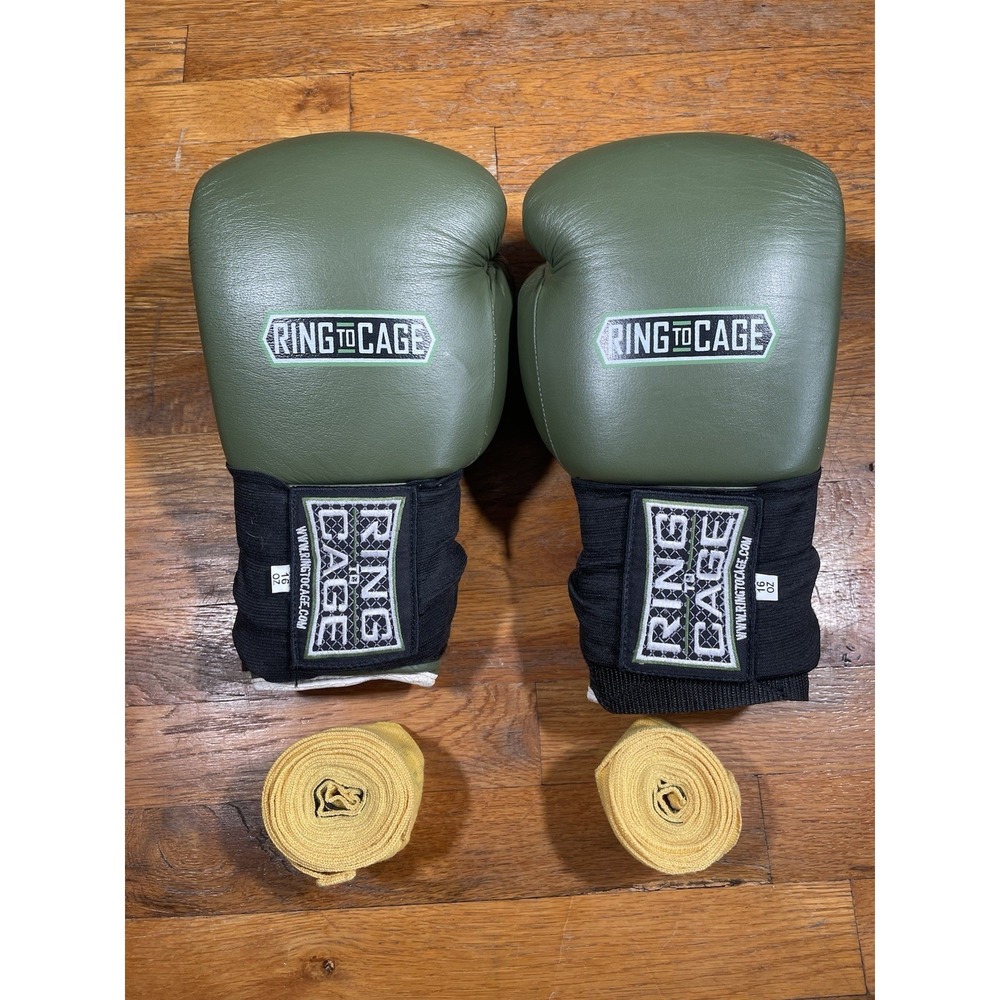 Ring To Cage Boxing Gloves Black & Army Green 16‎ oz W/ Hand Wraps